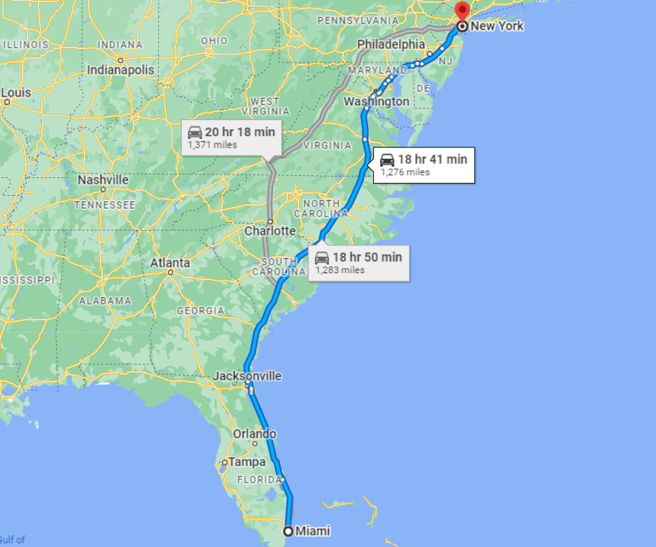 Distance to Ship Car From Miami to New York